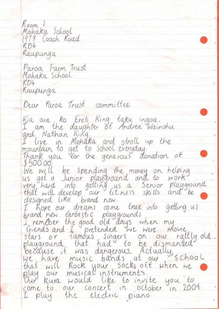 Community Mohaka School Letter Ereti King