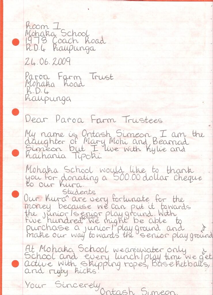 Community Mohaka School Thank You Letter