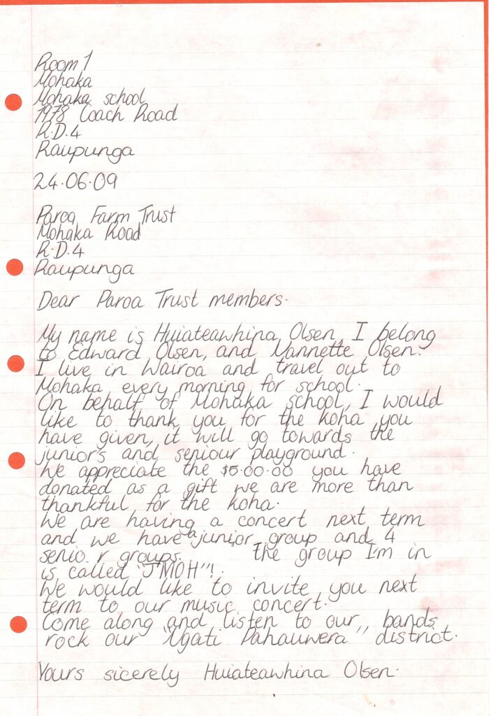 Community Mohaka School Thank You Letter