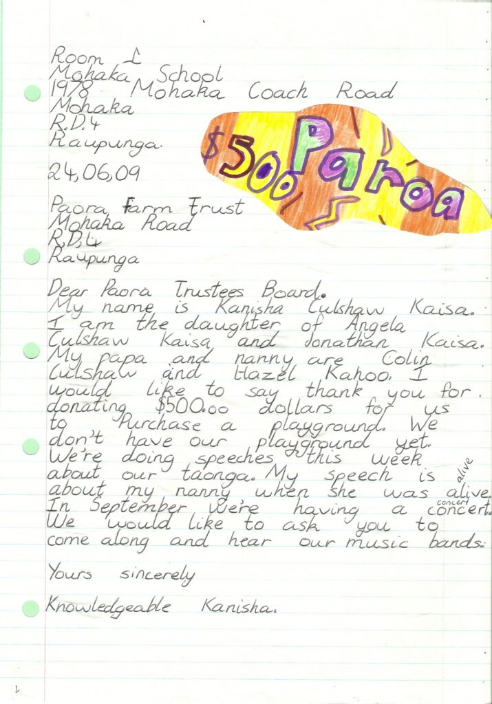 Community Mohaka School Thank You Letter